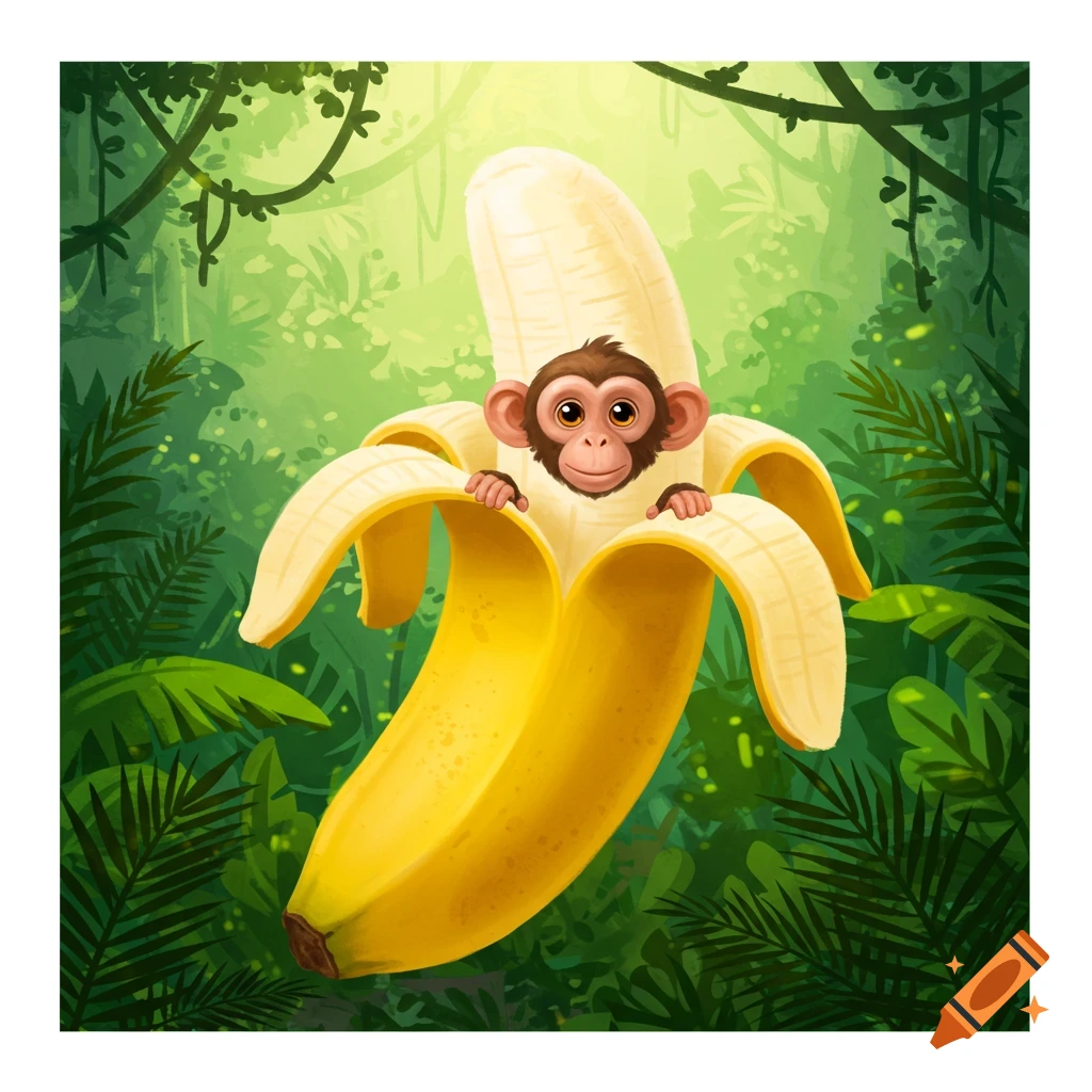 A cute cartoon monkey peeking out of a peeled banana in a lush jungle.