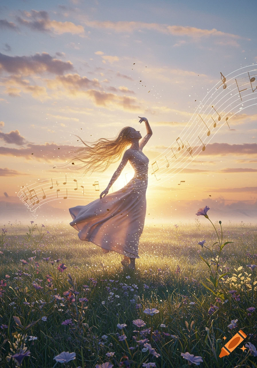 A woman dances gracefully in a field of wildflowers at sunset, with musical notes floating around her.