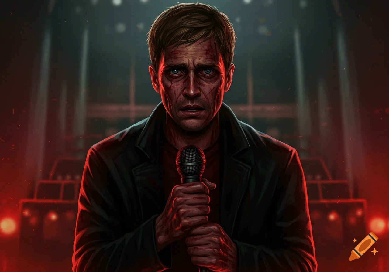 A distressed man with a battered face and hands, wearing a black jacket and red shirt, holding a microphone on an eerie stage with red lighting, in an anime style.