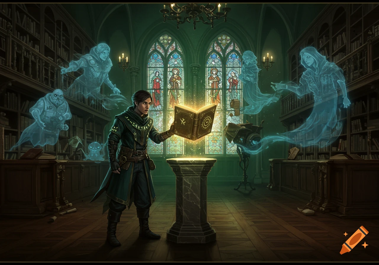 A person holds a glowing book in a mystical library with translucent ghosts, digital art.