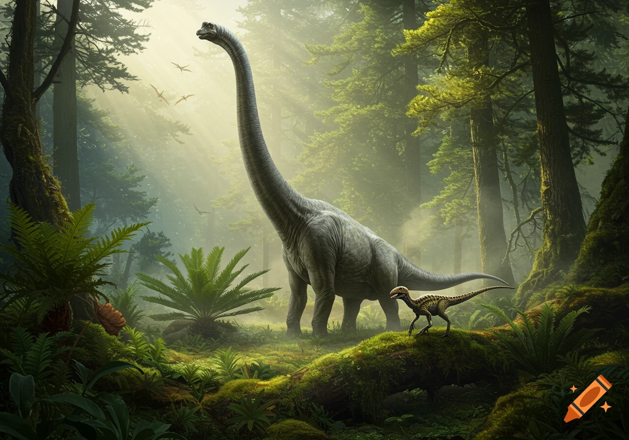 A large Brachiosaurus and a small Compsognathus stand in a lush, misty forest with light rays filtering through the trees.