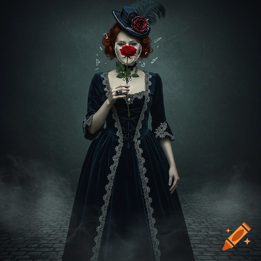 A photorealistic portrait of a woman in a dark blue Victorian dress and hat, holding a red rose that covers her face behind shattered glass.