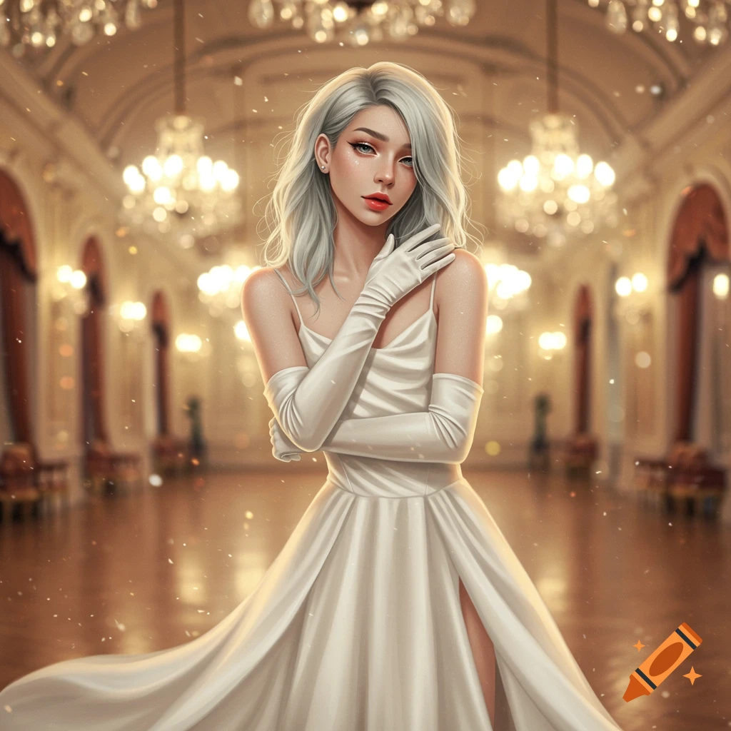 A beautiful woman with light hair in a white gown and gloves in a grand ballroom.