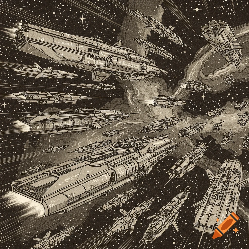 Sepia-toned woodcut illustration depicting a vast fleet of detailed sci-fi spaceships soaring through a starry cosmic landscape.