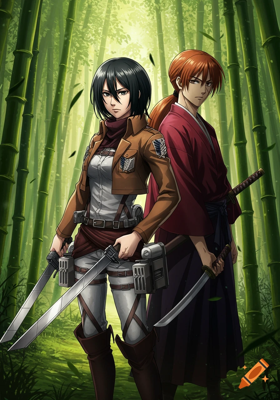 Mikasa Ackerman and Kenshin Himura, anime characters, stand in a bamboo forest, holding swords.
