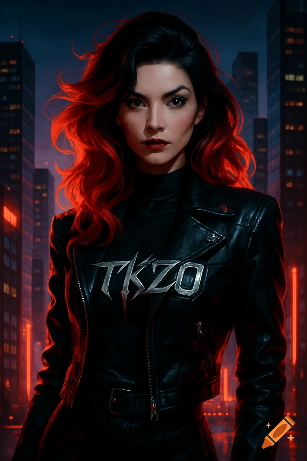 A woman with long red and black hair, wearing a black leather jacket with 'TKZO' on it, stands against a dark cityscape at night.