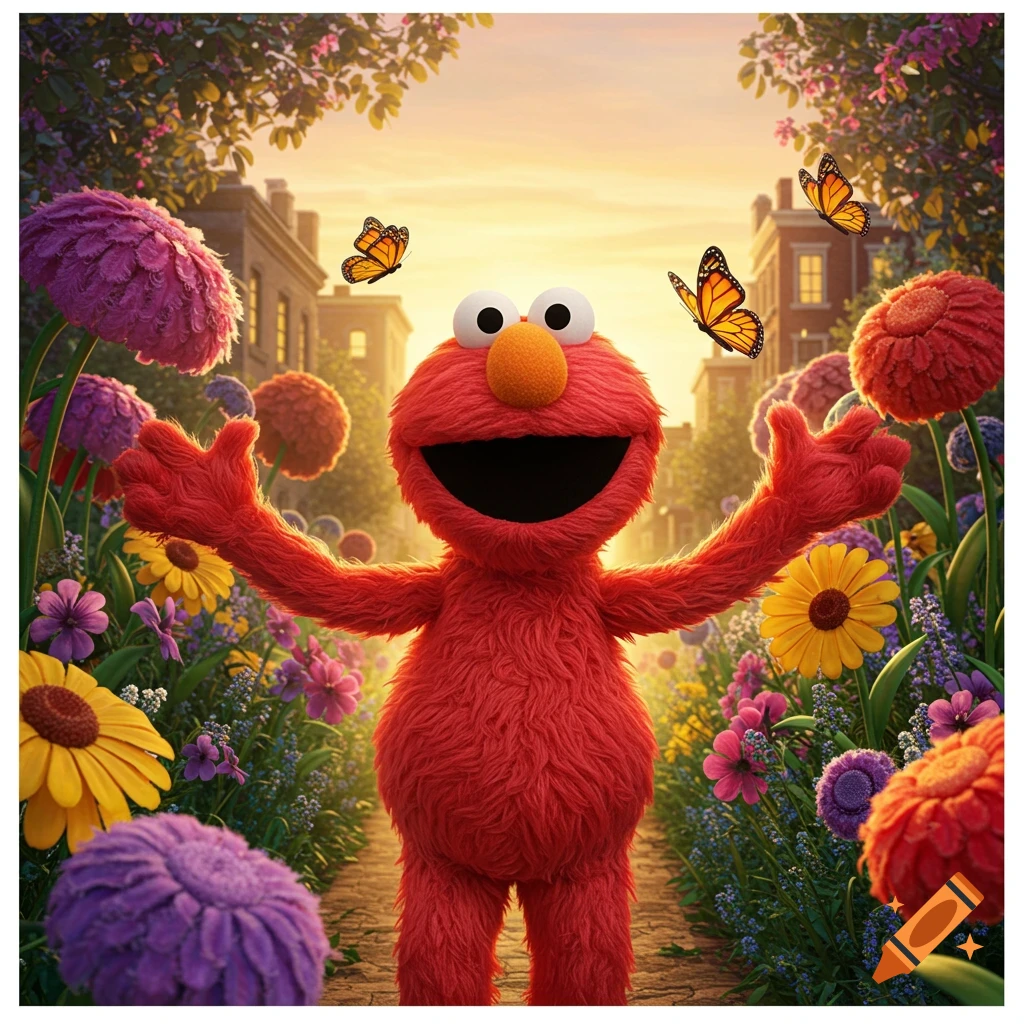 Elmo smiles with open arms in a vibrant flower garden filled with colorful blooms and butterflies, photorealistic.