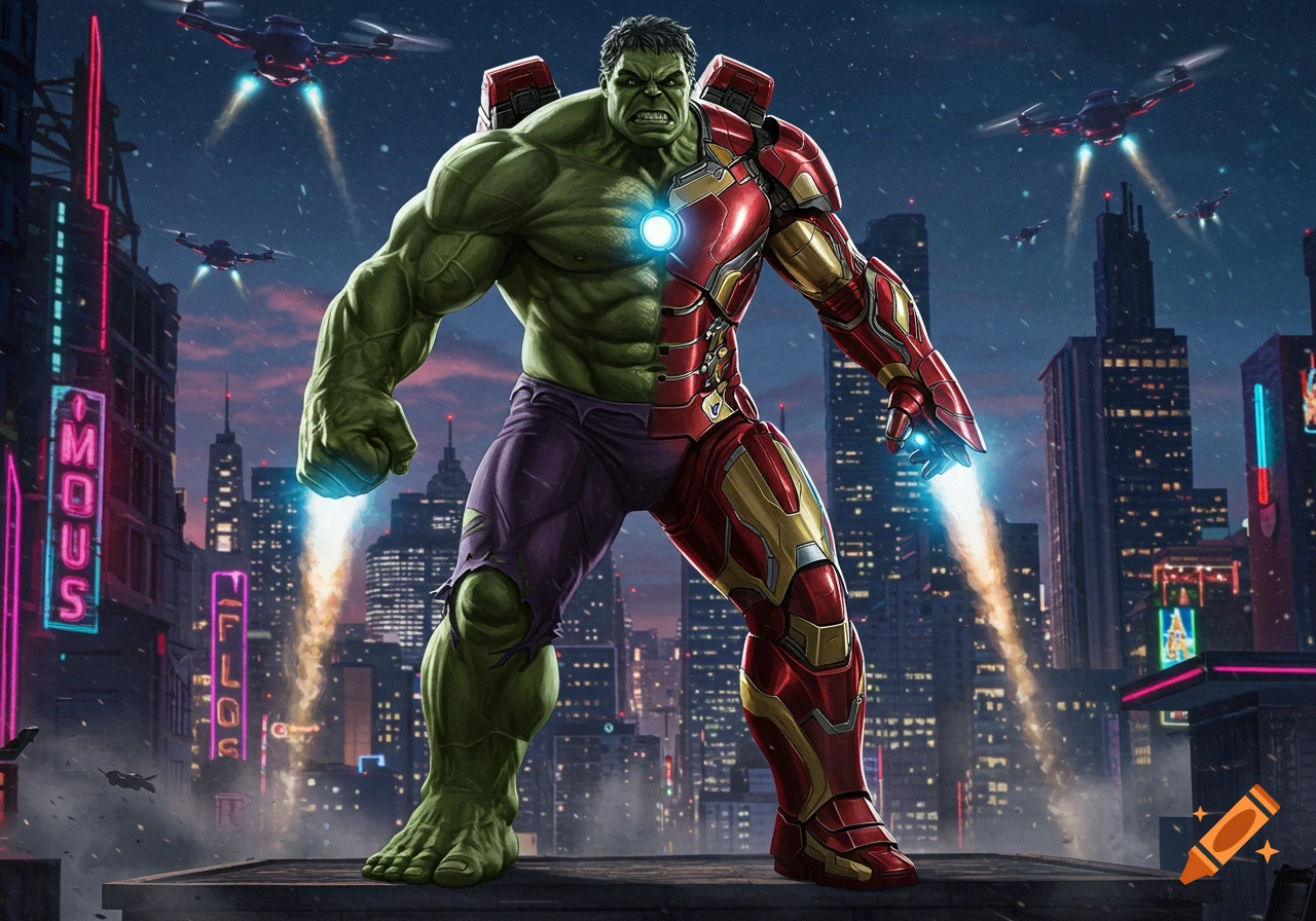 A muscular, green-skinned Hulk fused with red and gold Iron Man armor stands on a rooftop in a futuristic neon city at night, with drones flying.