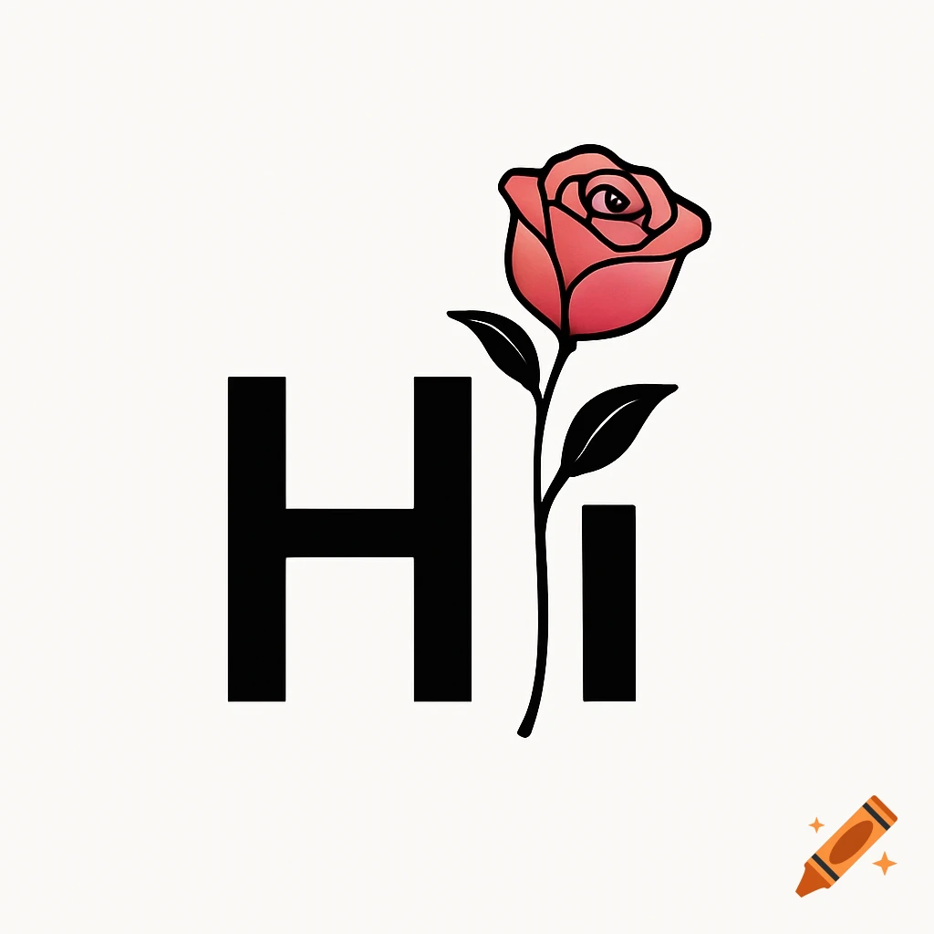 A minimalist logo featuring the black letters 'HI' with a stylized pink and red rose.
