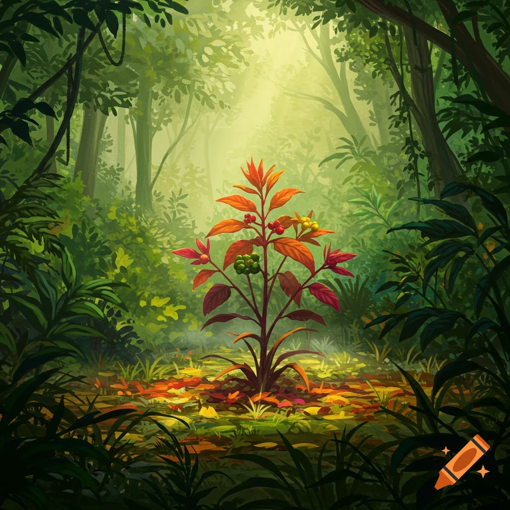 A vibrant plant with red and orange leaves, green and red berries stands in a sunlit jungle clearing with fallen autumn leaves.