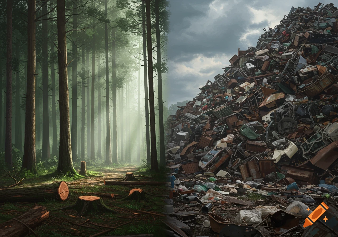 A split image showing a sunlit forest with cut trees on the left and a massive pile of trash on the right under a cloudy sky.