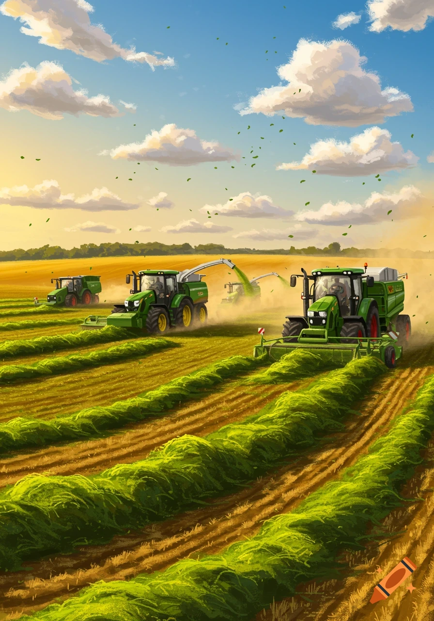 Three green tractors harvest crops in a golden field under a blue sky with clouds, with leaves flying in the air.