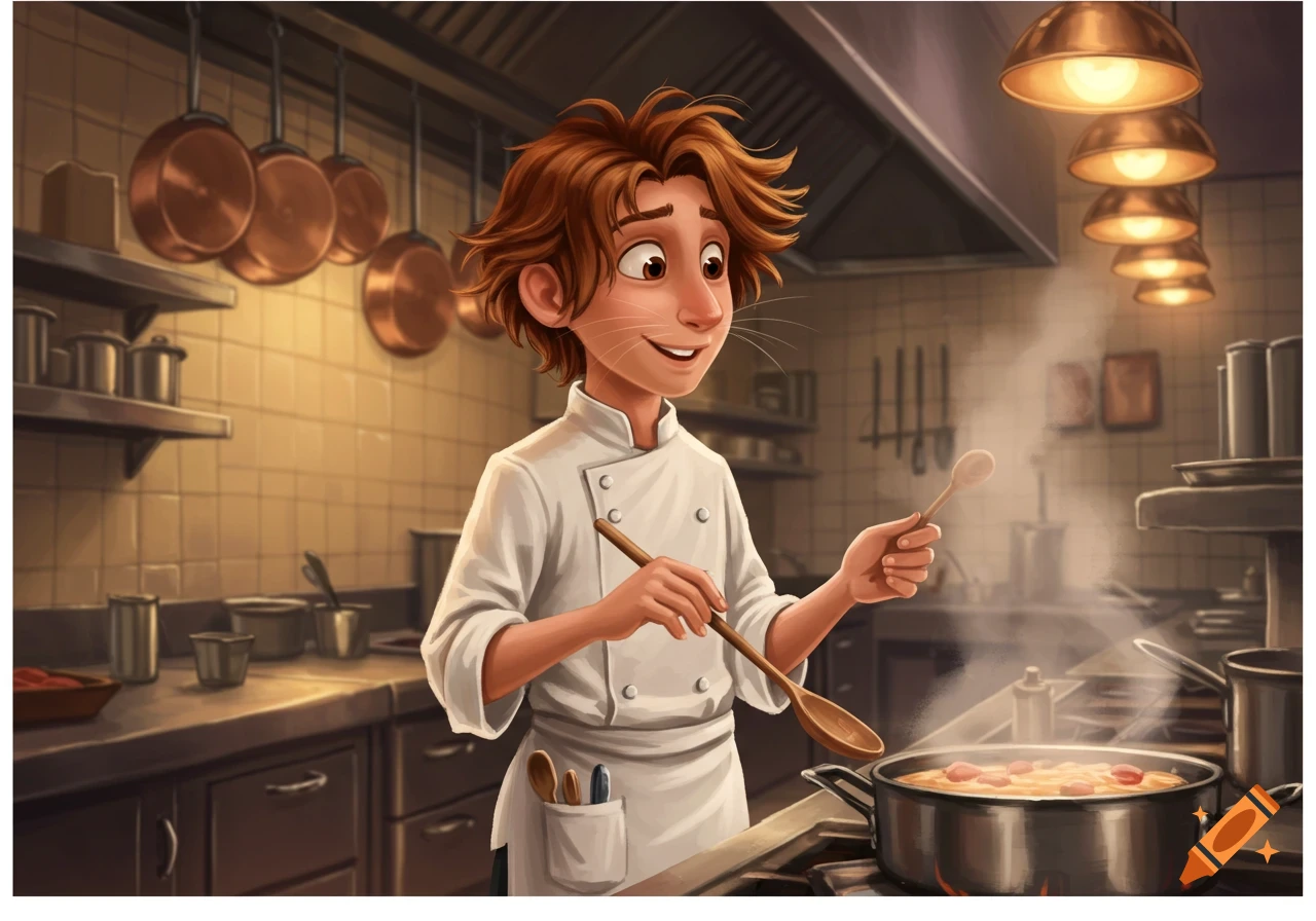 Animated young chef with brown hair stirring a pot in a bustling kitchen.
