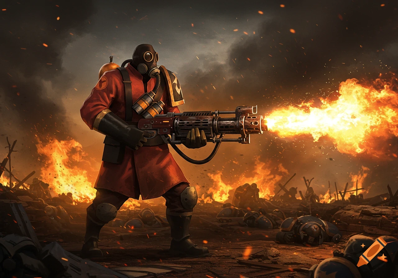 A gas-masked character in a red uniform fires a flamethrower on a fiery battlefield with debris and fallen soldiers under a stormy sky.