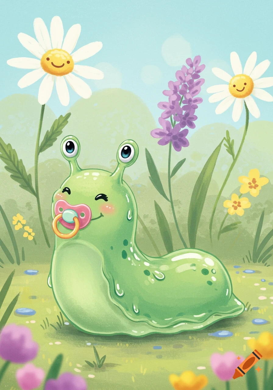A cute, green, slimy slug with a pink pacifier sits in a field of smiling daisies and colorful flowers in a cartoonish, kids drawing style.