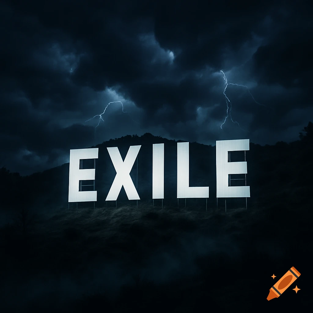 Large white 'EXILE' sign on a dark hill under a stormy, lightning-filled sky, like the Hollywood sign.