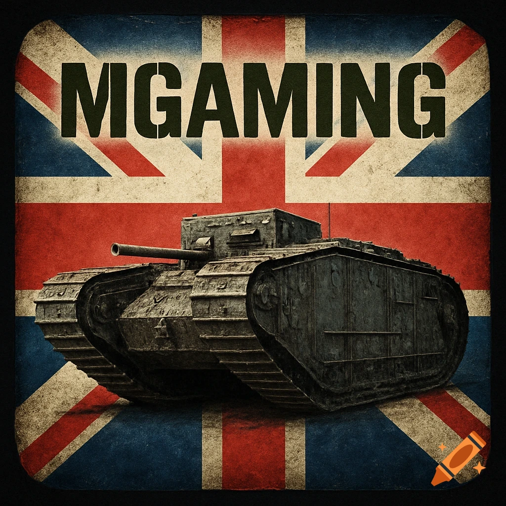 A British Mark IV tank on a distressed Union Jack flag background with 'MGAMING' in stencil text.