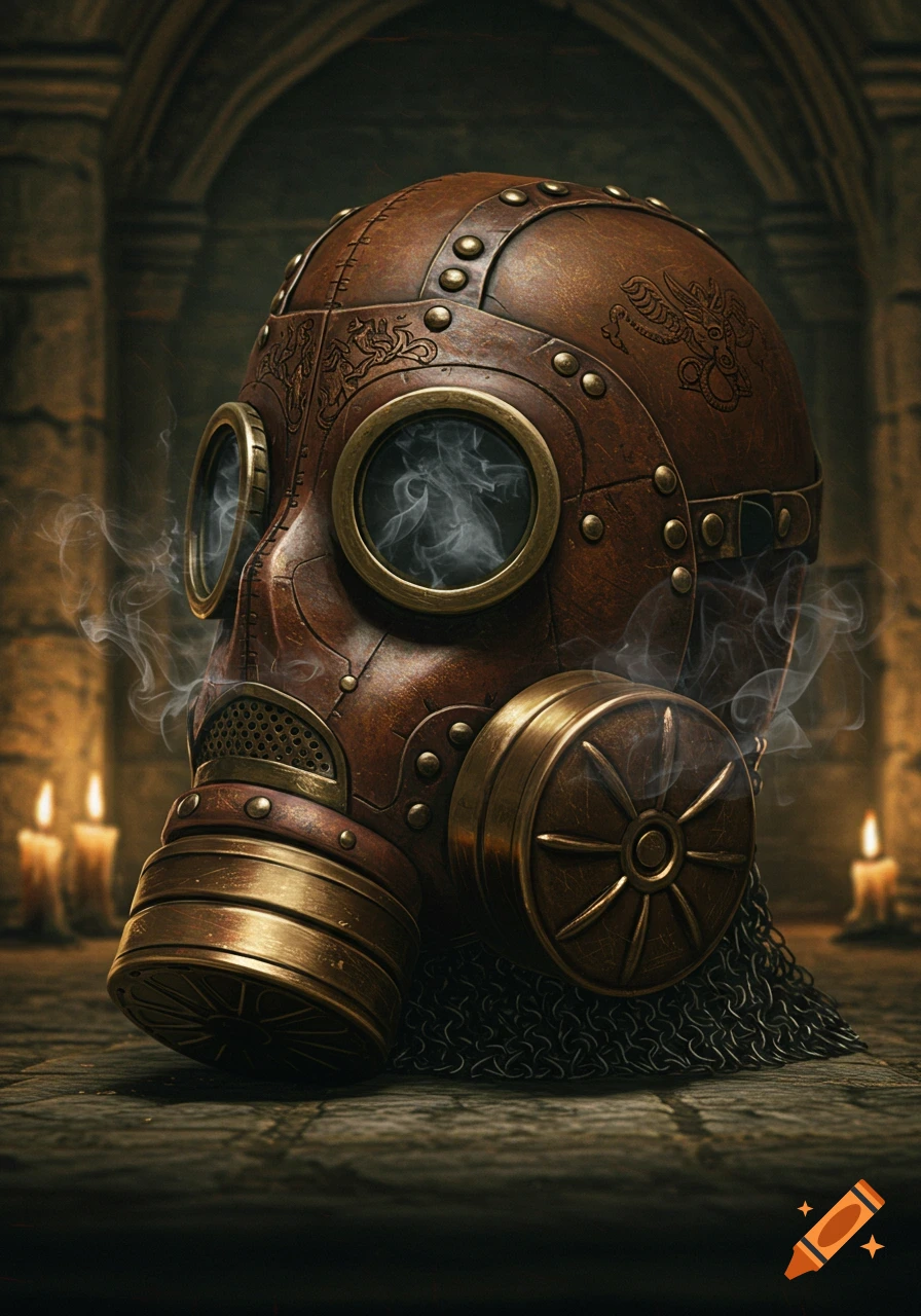A detailed steampunk gas mask made of brown leather and brass, with smoke, sitting on a stone surface in a dimly lit dungeon.