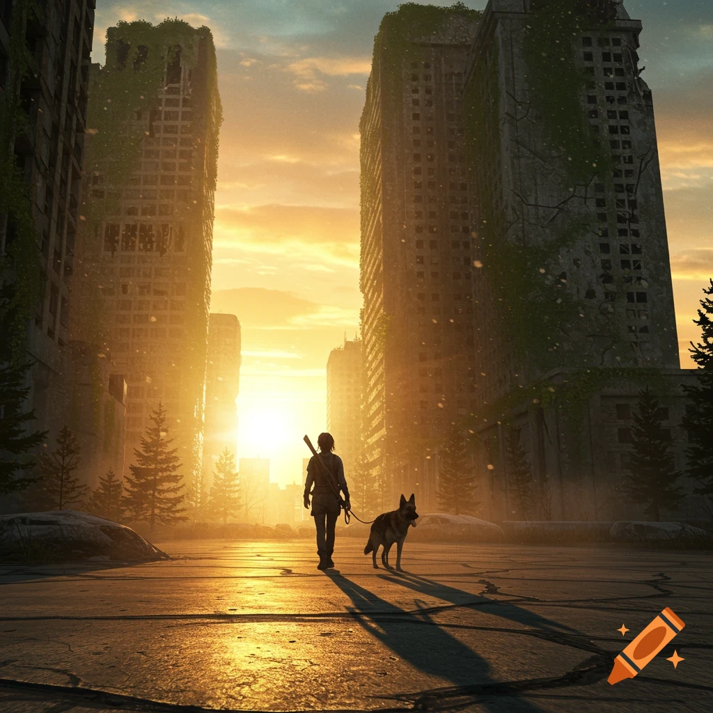 A lone woman and her German Shepherd walk through a ruined city at sunset, with overgrown skyscrapers and dramatic golden light, in a cinematic, post-apocalyptic style.