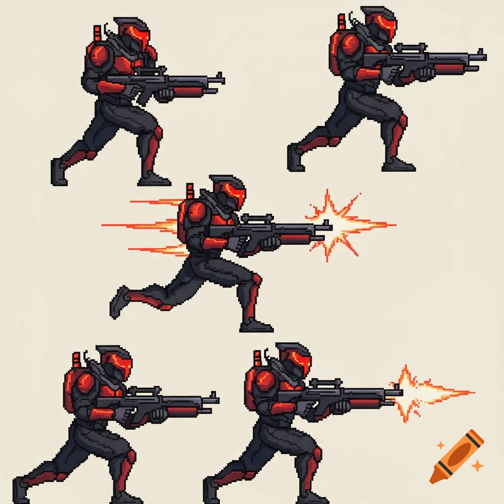 A pixel art sprite sheet featuring a cyberpunk bounty hunter in red and black armor, with frames for idle, running, and shooting a plasma rifle.