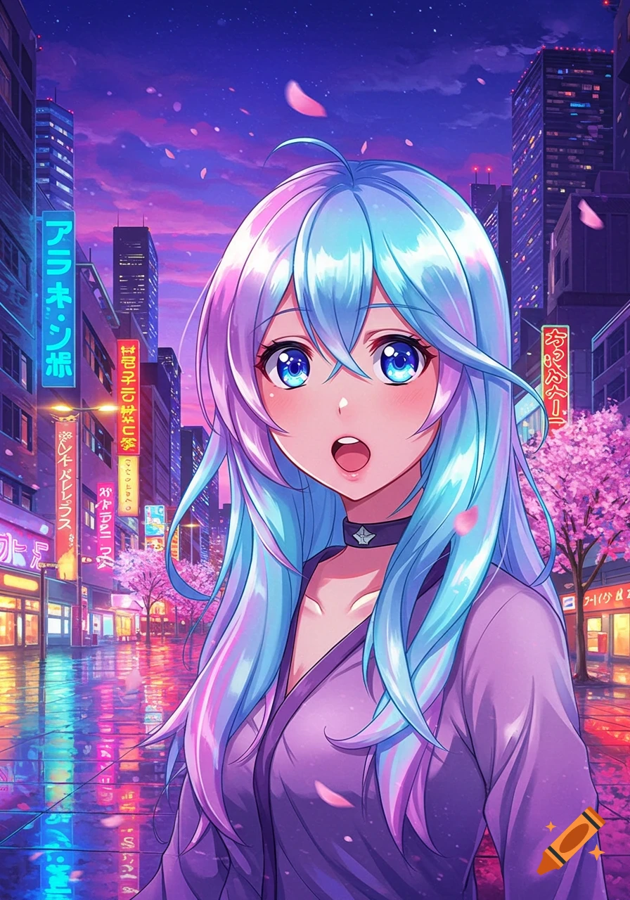 Anime girl with blue and pink hair stands in a vibrant, neon-lit city street at night, with cherry blossoms and reflections.
