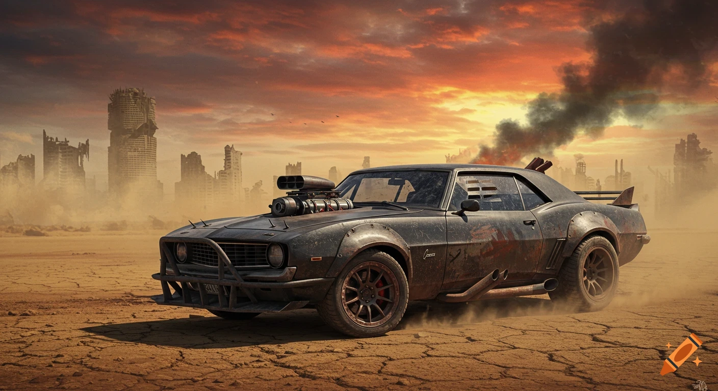 A rusty, widebody black Camaro with a supercharger and spiked grille drives on cracked dry ground towards a ruined city under a fiery sunset.