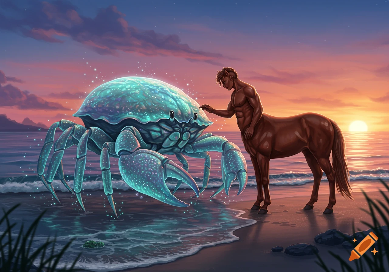A centaur gently touches a large, glowing blue crab on a beach at sunset, with waves lapping the shore in a fantasy art style.