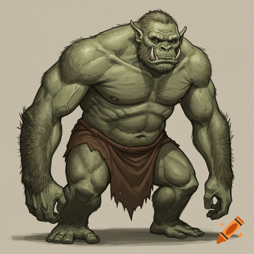 A muscular, green-skinned orc with tusks and hairy arms, wearing a loincloth, in a crouched stance, digital art.