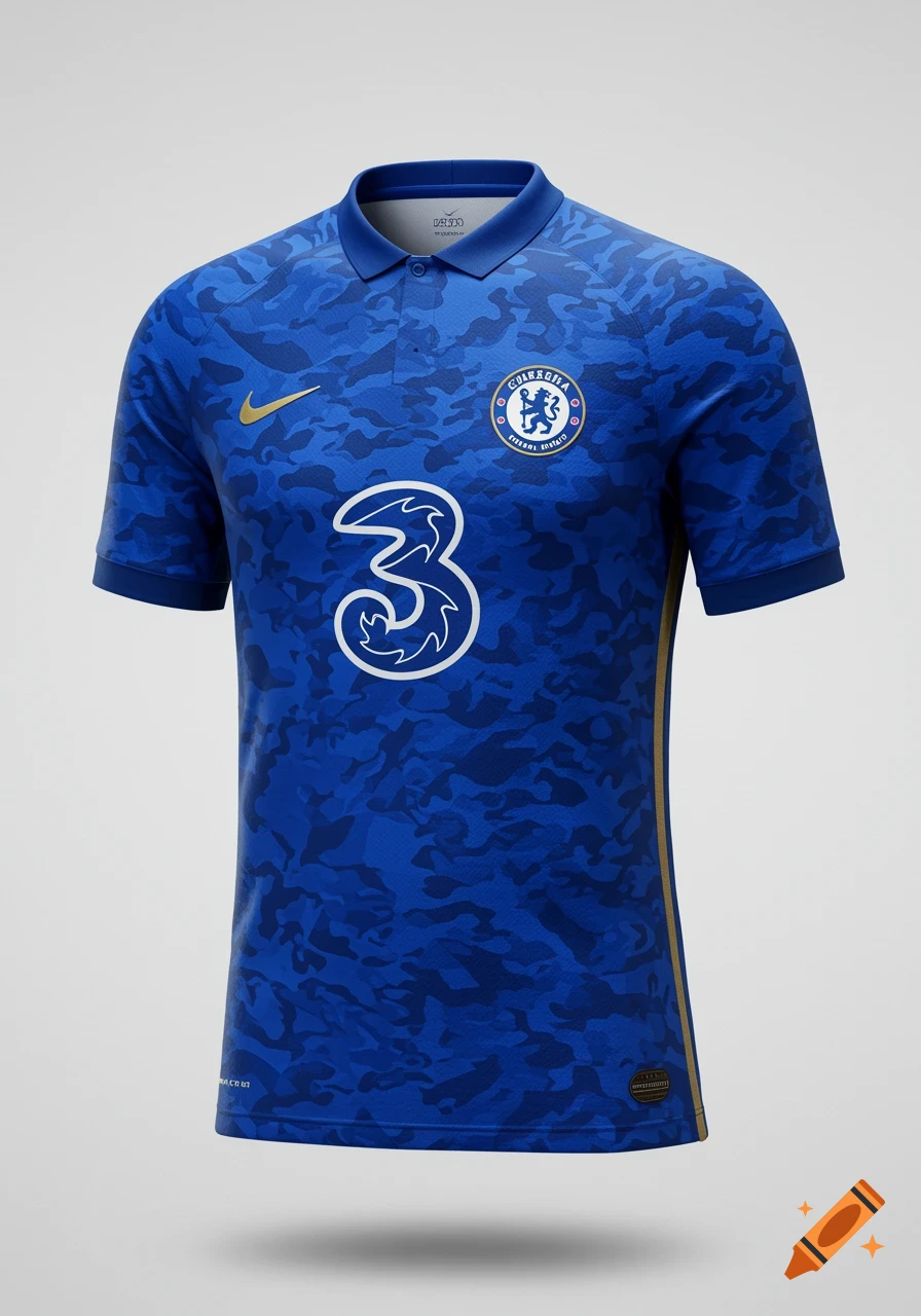 A blue Chelsea football club jersey with a dark blue camouflage pattern, a gold Nike swoosh, a gold and blue club badge, and a white number 3 logo on the front. It has gold stripes on the sides and a blue polo neck.
