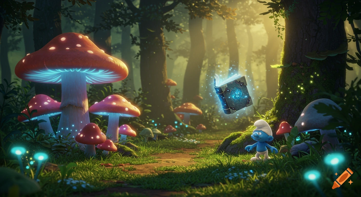 A Smurf stands in a magical forest at dawn, illuminated by glowing mushrooms and a floating, glowing book, in a cinematic animation style.