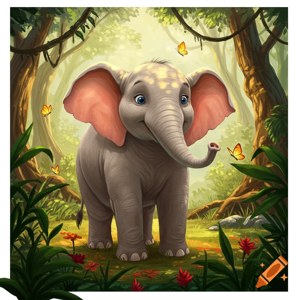 Cartoon baby elephant with large ears and blue eyes in a lush jungle with butterflies.