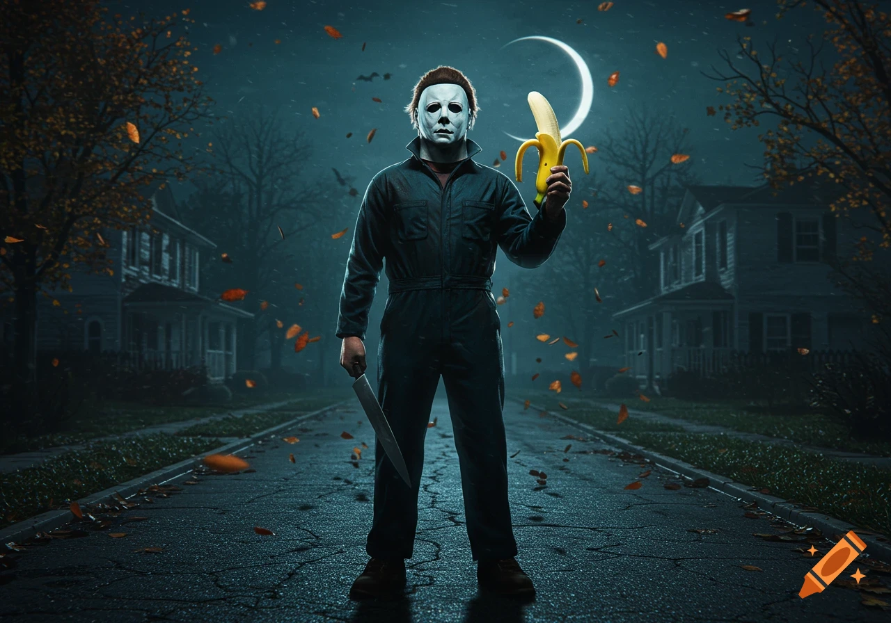 Michael Myers in his jumpsuit and white mask stands in a dark, leaf-strewn suburban street at night, holding a knife and a peeled banana under a crescent moon.