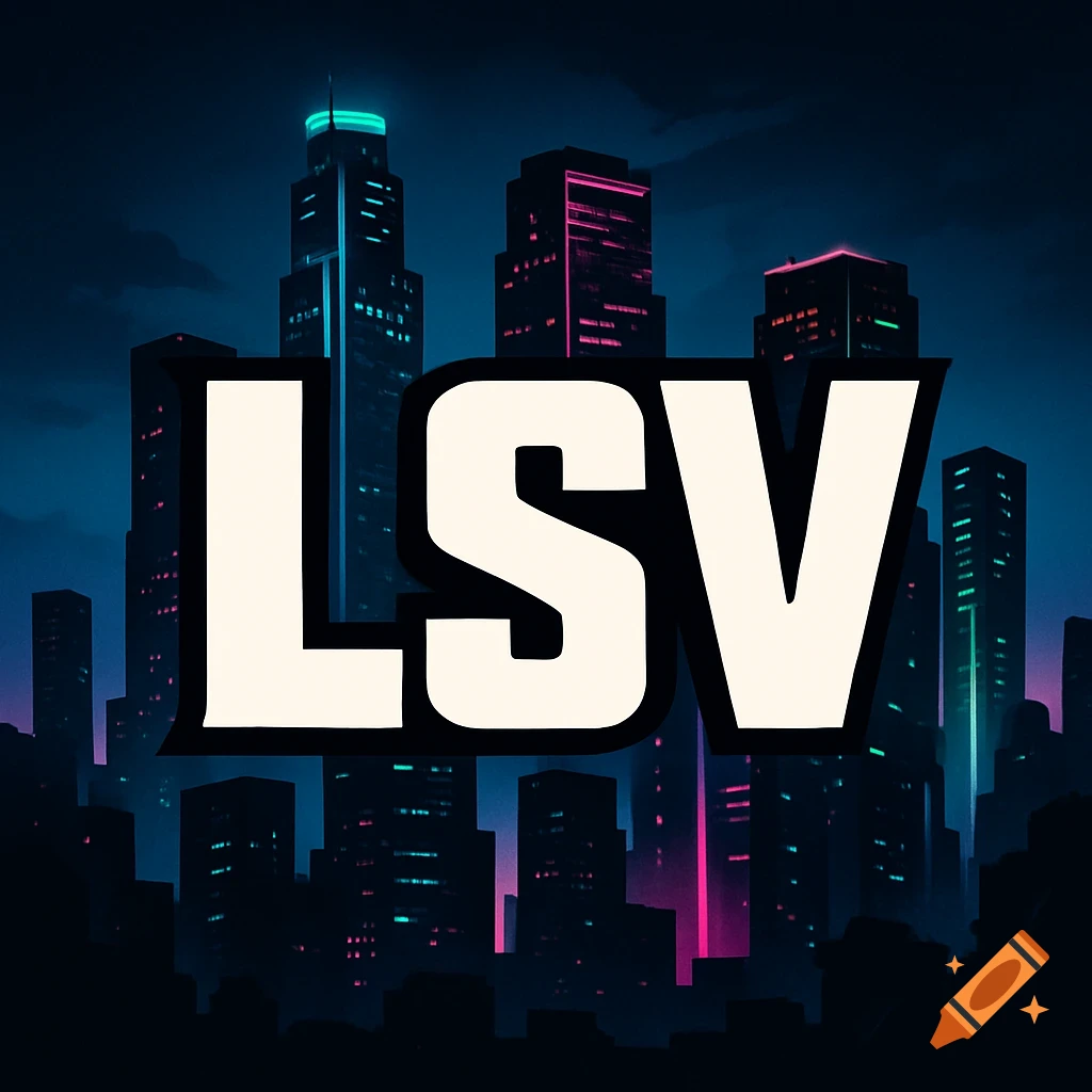A stylized 'LSV' logo with a bold white font and a dark city skyline background illuminated by neon blue and pink lights.