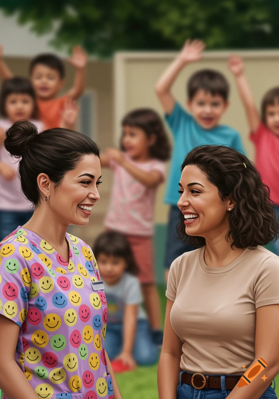 Two smiling women talk outdoors, one in a smiley-face scrub top, the other in a t-shirt, with blurred children playing in the background.