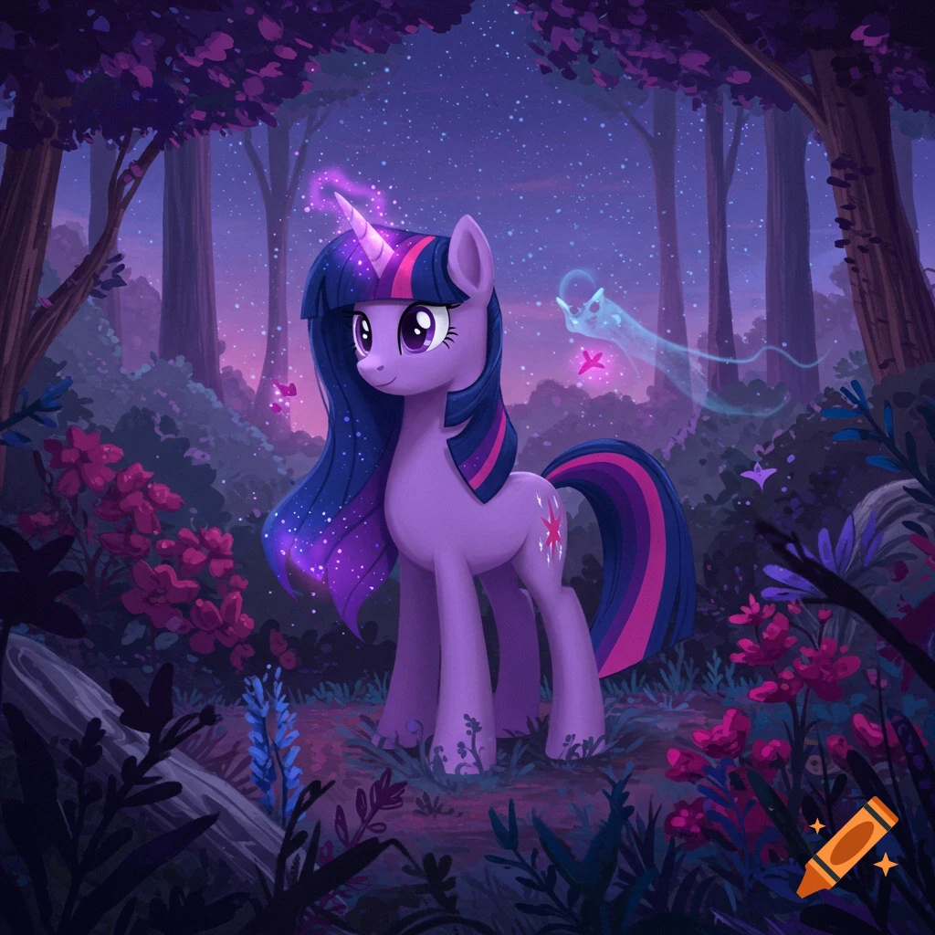 A purple unicorn with a sparkling mane and tail stands in a magical, starry forest at dusk, surrounded by glowing plants.