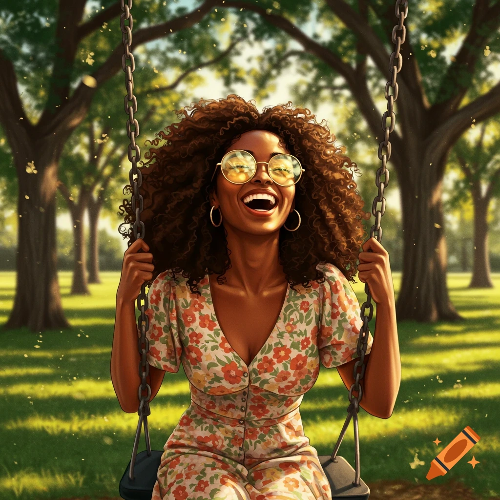 A joyous Black woman with curly hair and round glasses laughs while swinging in a sunny park.
