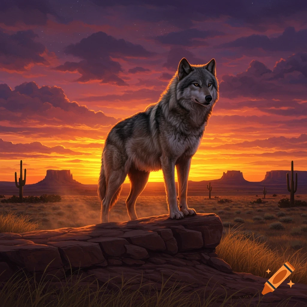 A majestic wolf stands on a rocky outcrop at sunset in a desert landscape with mesas and cacti.