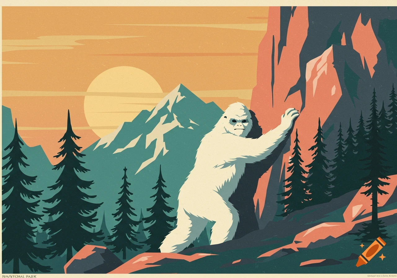 A white yeti pushes against a red mountain at sunset in a vintage national park poster style with geometric trees.