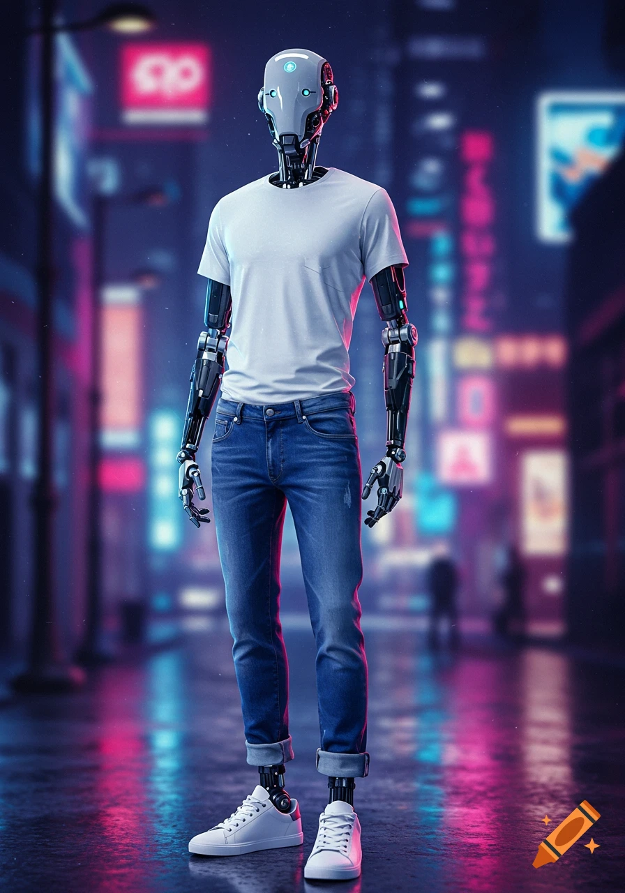 A photorealistic image of a futuristic robot wearing a white t-shirt, blue jeans with rolled cuffs, and white sneakers, standing in a neon-lit cyberpunk city at night.