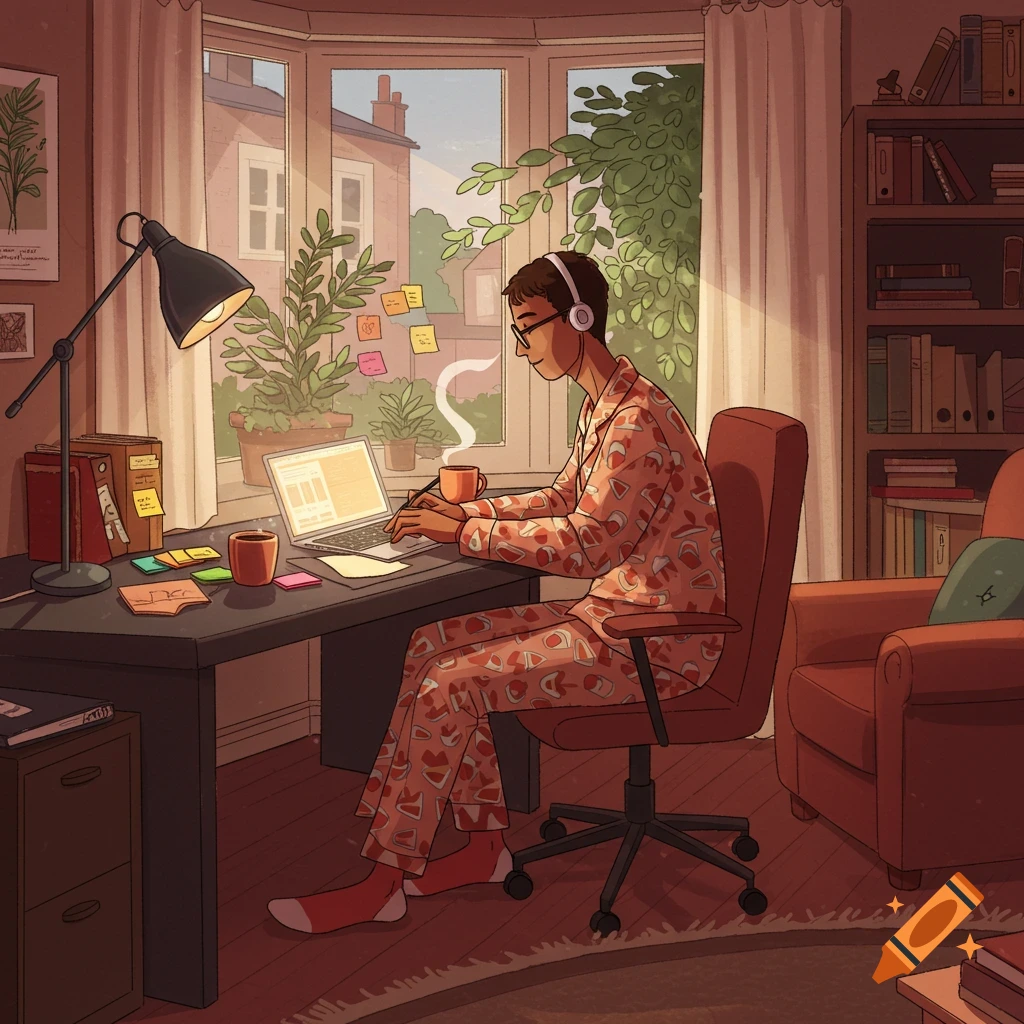 An illustrated man in red pajamas and headphones works on a laptop at a desk in a cozy home office, with a window view.