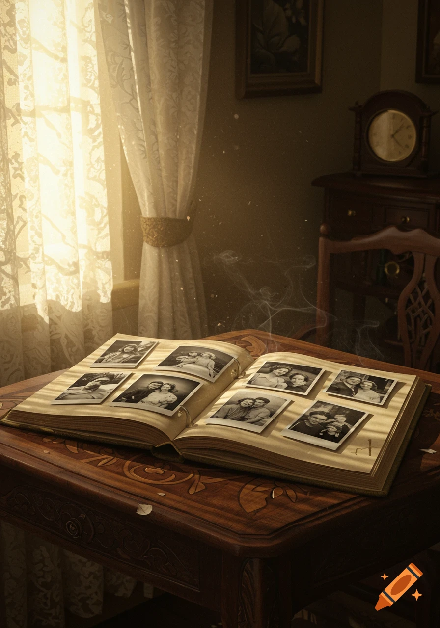 An open vintage photo album filled with black and white photos on a wooden table, bathed in warm sunlight from a window.