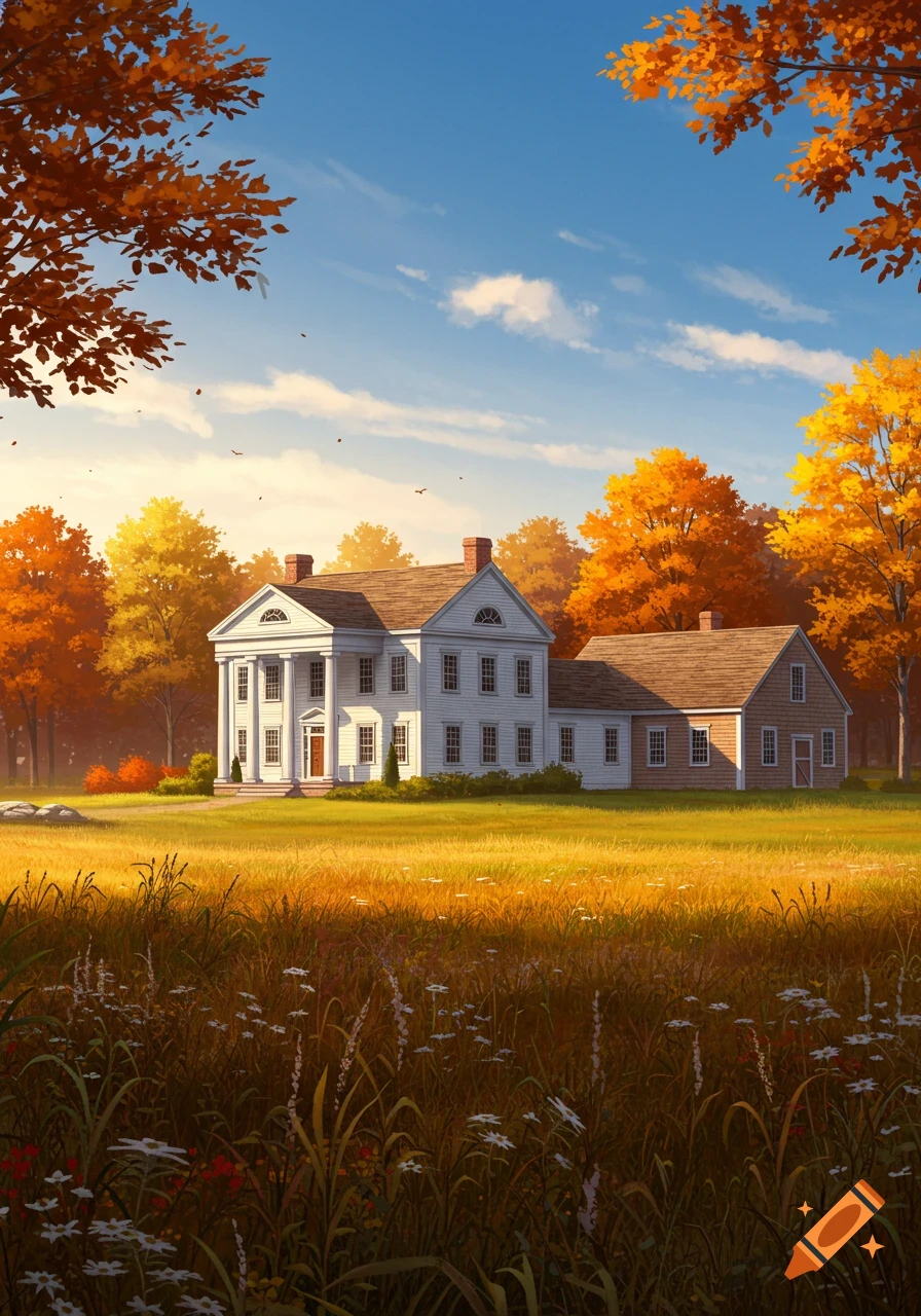 A white New England Greek Revival style home with an attached barn stands in a sunlit golden field surrounded by vibrant orange and yellow autumn trees under a blue sky.