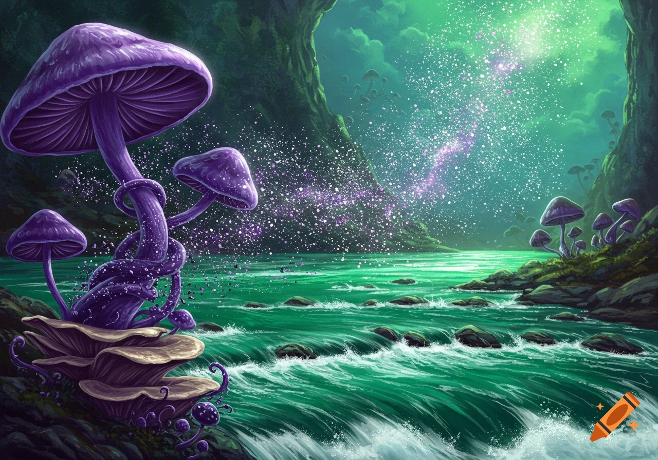 Vibrant fantasy landscape with large purple mushrooms alongside emerald rapids, under a sky with sparkling purple and white light.