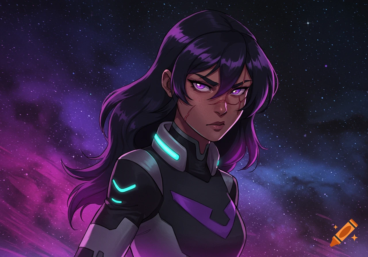 A determined woman with dark hair, purple eyes, and a scar on her face, wearing a black and grey futuristic suit with glowing blue accents, against a cosmic purple and blue starry background.