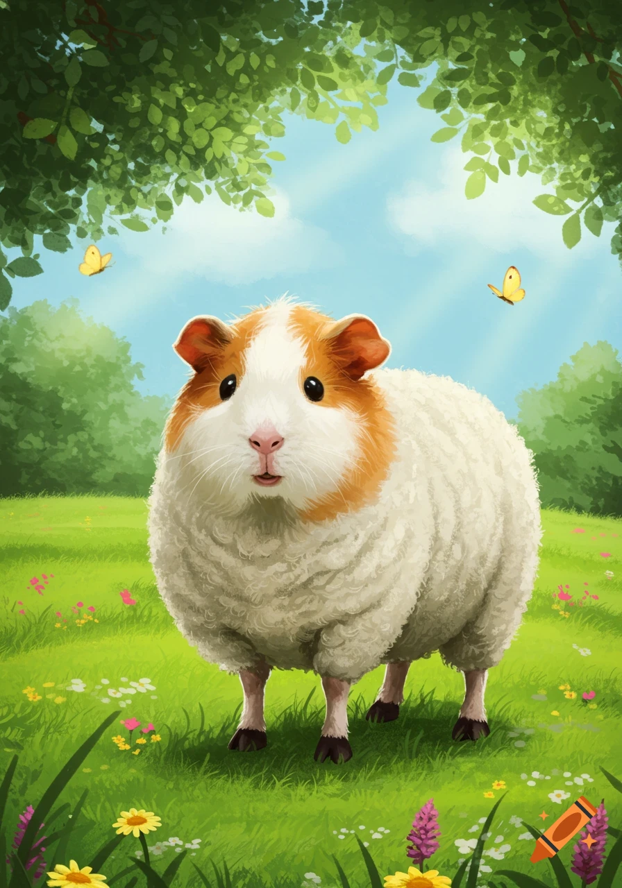 A guinea pig with sheep's wool stands in a sunny green field with flowers and butterflies.
