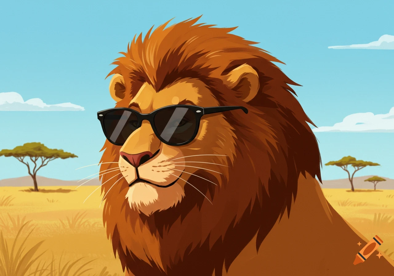 A cartoon lion wearing black sunglasses in a sunny safari landscape.
