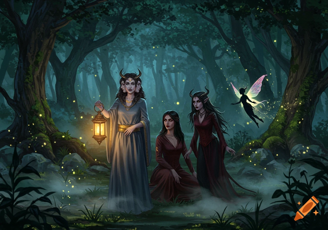 Fantasy digital painting of three mythical women (one three-faced, one horned) and a fairy in a dark, glowing forest.