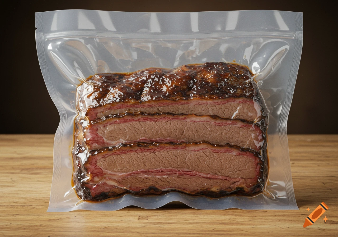 Photorealistic image of cooked sliced brisket in a clear vacuum-sealed bag on a wooden table.
