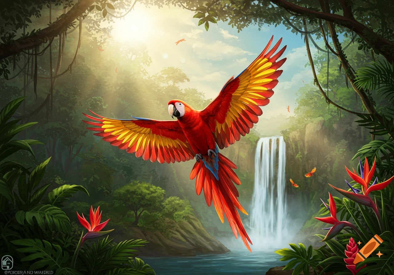 A vibrant red and yellow macaw flying through a lush, sunlit jungle with a waterfall and exotic red flowers.