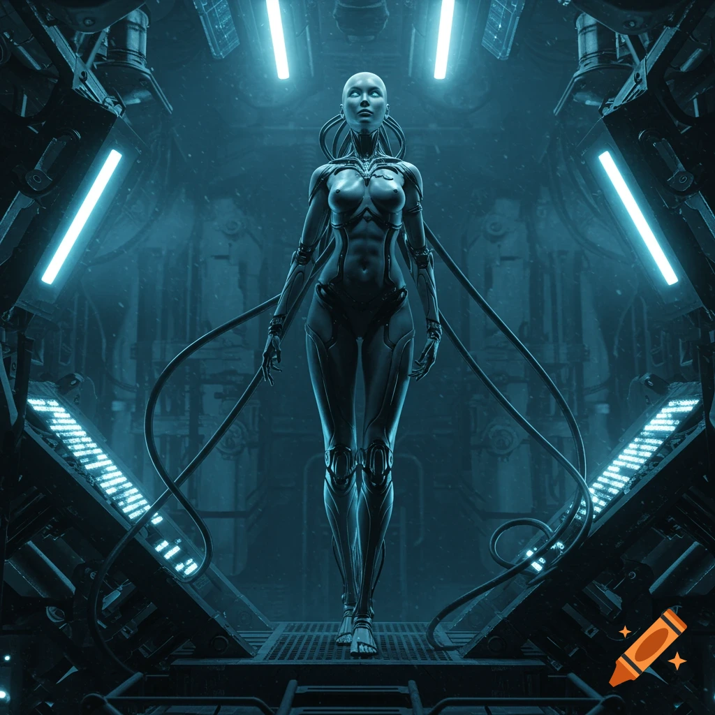 A cybernetic female figure stands in a dark, futuristic chamber with blue lights, in the style of H.R. Giger.